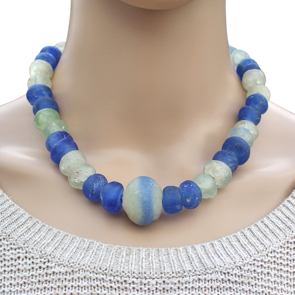 Vintage Recycled Blue Glass Beaded Necklace Frosted Matte Large Chunky Sea Style